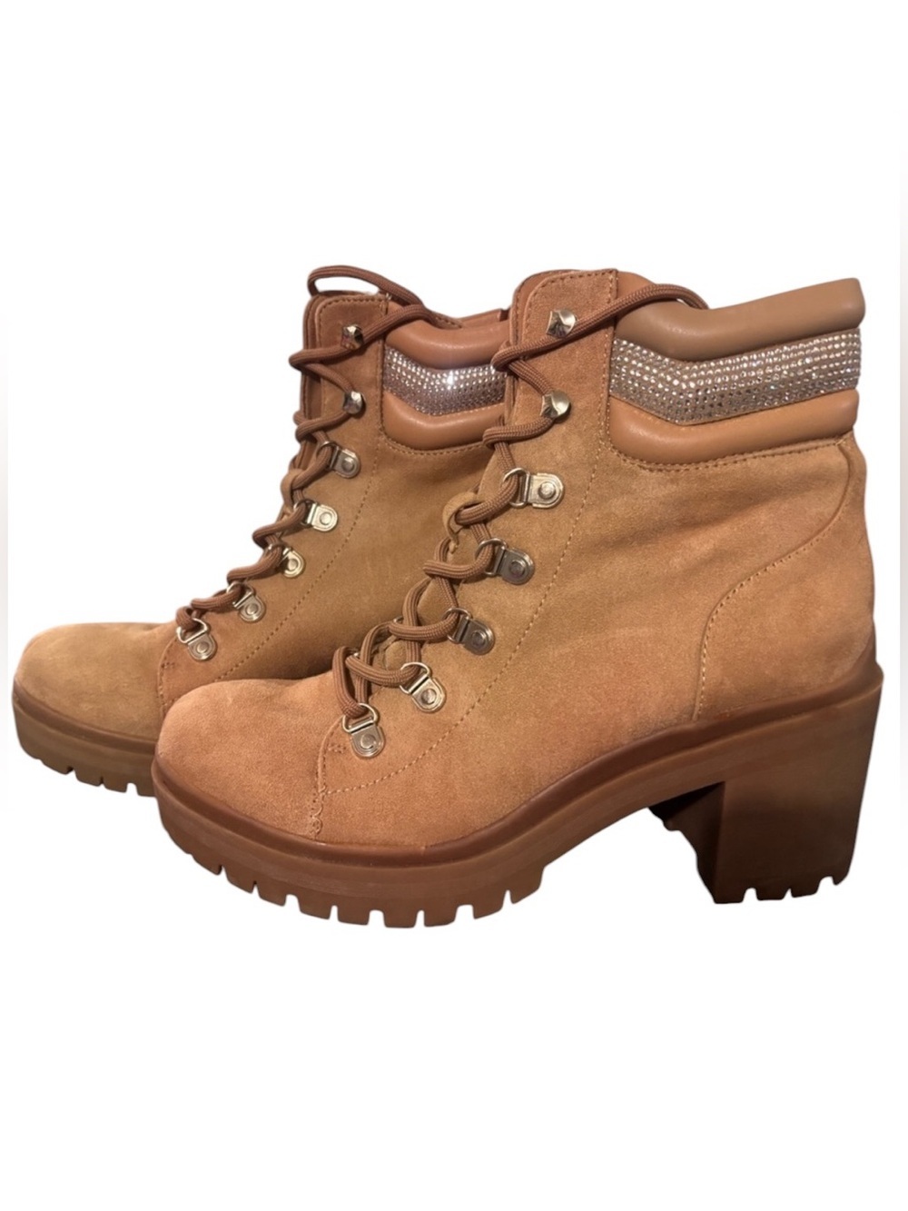 Nine West Tan Faux Suede Block Heel Boots – Size 8